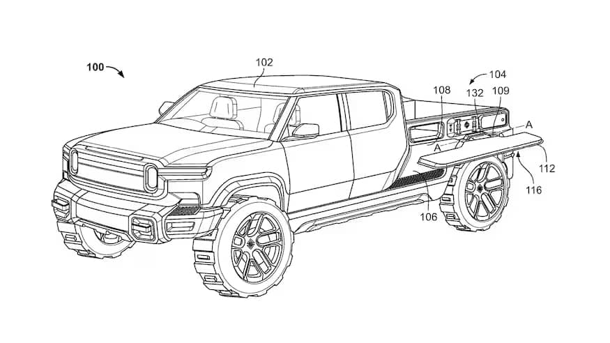 La Rivian R1T 2024 Tendría innovador sistema de almacenamiento lateral en su caja de carga 1 Rivian R1T 2024 patente de espacio