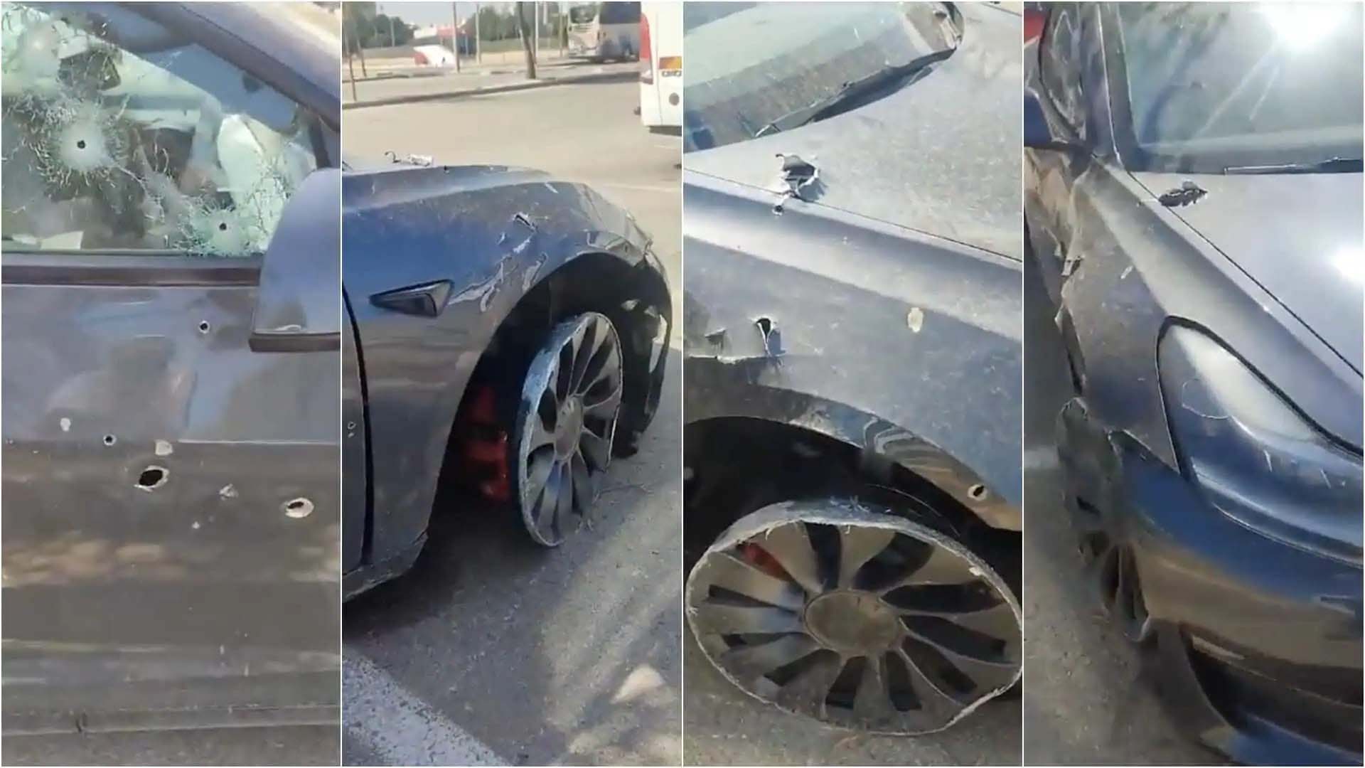Así quedo el Tesla Model 3 atacado por Hamas en Israel